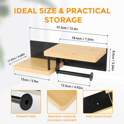 Toilet Paper Holder with Shelf, Wall Mount Toilet Paper Roll Holder with Wooden Shelf & Matte Black Stainless Steel Pipe, Bathroom Organizer for Roll Tissue, Phone, Wipes, Plant for Bathroom, Washroom