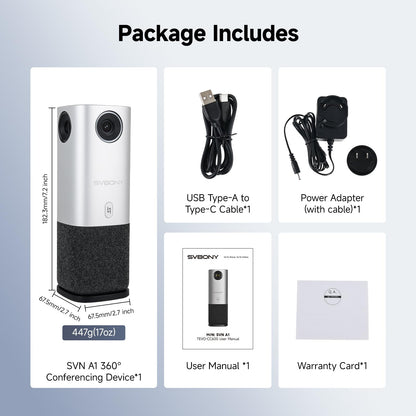 SVBONY SVN A1 360 Camera for Conference Room, 5MP 1080P HD Webcam with AI Driven Speaker Tracking,16.5 FT Mic Pickup, Noise Cancellation,Plug & Play, Compatible with Zoom/Teams/Meet for Small Meeting