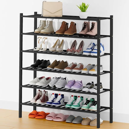 Smiry Long Bamboo Shoe Rack, 6 Tier Free Standing Wooden Shoe Organizer, Stackable Wood Shoe Storage Shelf for Closet, Entryway, 14 Vertical Slats, 2+2+2 Stack Thicker Legs, 33.7"x11"x39", Black