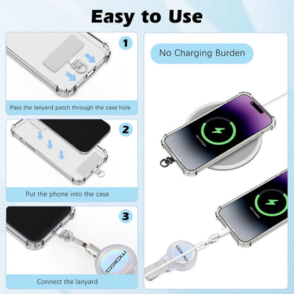MoKo Anti-theft Phone Tether, Universal Phone Lanyard Retractable Steel Line Cellphone Strap with Locking Carabiner and Metal 360° Tether Tab for Outdoor Hiking Climbing Fishing, Transparent & Silver