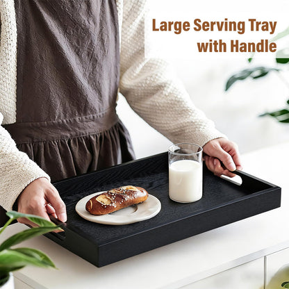 Wooden Serving Tray with Handles, 16.9 Inch Coffee Table Tray for Daily Use, Farmhouse Wood Tray for Breakfast, Lunch, Dinner, Home Kitchen Dining Tabletop Decor, Ottoman Decorative Tray, Black