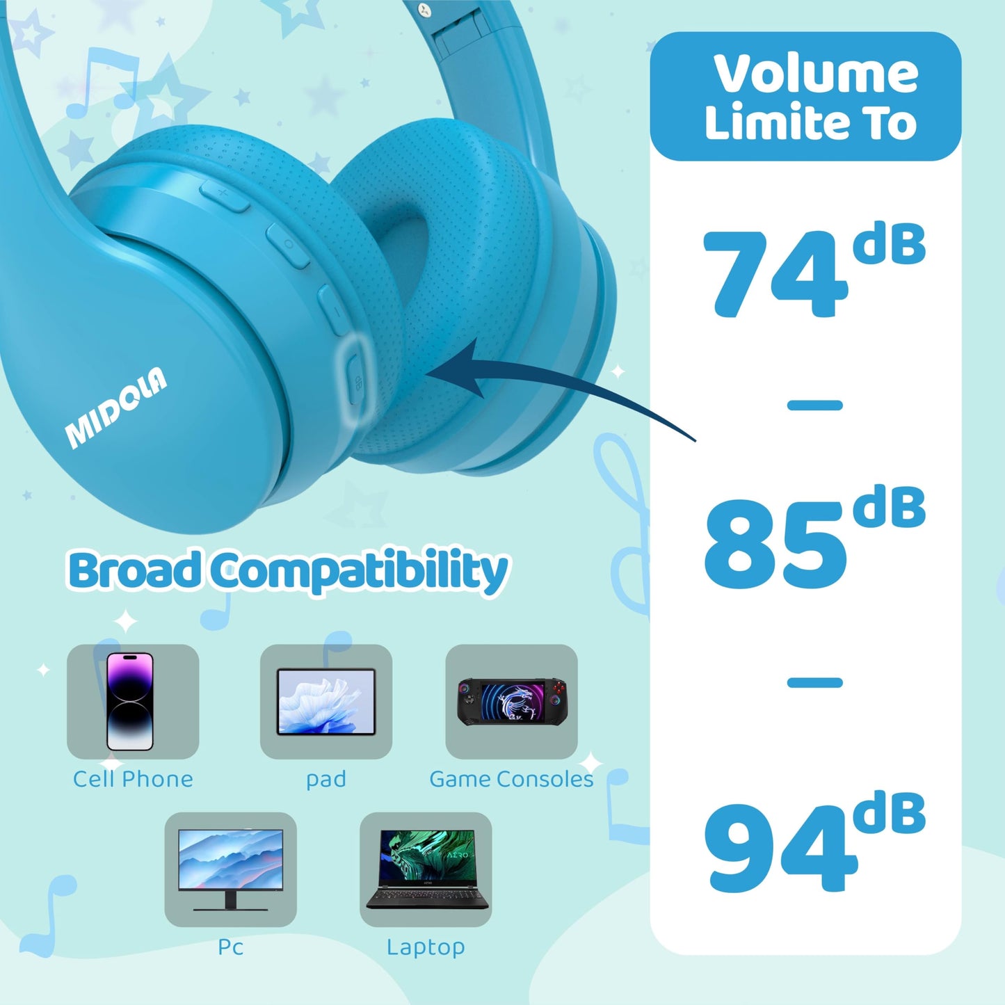 MIDOLA Kids Headphones Bluetooth 5.4 Wireless 68H Play Time Volume Limit 85/94dB Over-Ear Foldable Headset,Type-C Fast Charging,with Wired Aux Mic for Toddler Child Pad Tablet Blue