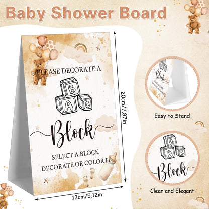 Marsui 136 Pcs Baby Shower Blocks to Decorate Game Kit Includes 98 Wooden Blocks, 36 Markers, 1 Game Sign, 1 Storage Box for Baby Shower Gender Reveal Activity Party Decorations(Brown Bear)