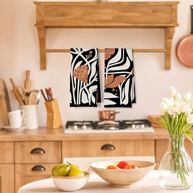 Abstract Boho Black and Beige Brown Floral Kitchen Towels Set of 2, 70s Retro