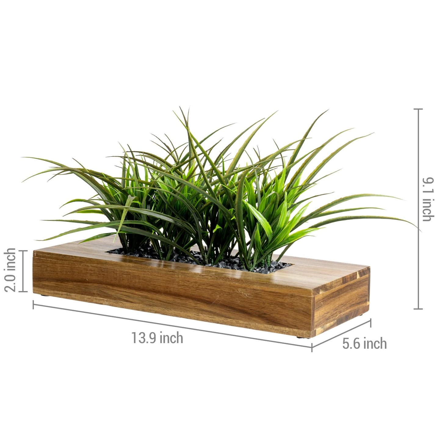 MyGift Large Artificial Green Grass Plants Potted in 14 Inch Premium Acacia Solid Wood Rectangular Planter Box, Decorative Tabletop Faux Greenery Centerpiece Décor