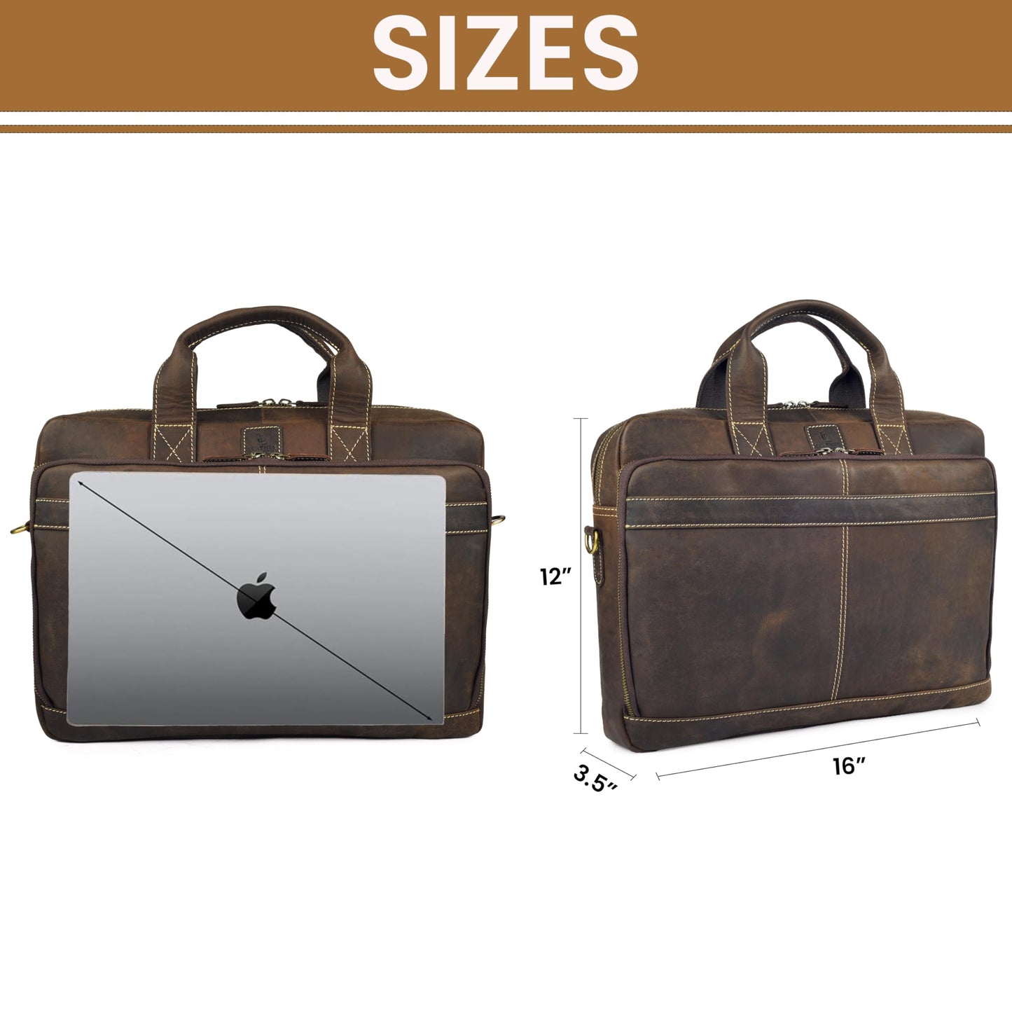 Mens Full Grain Leather Briefcase Fits 16 Inch Laptop, Leather Laptop Messenger Shoulder Satchel, Vintage Professional Work Office Bag - Brown