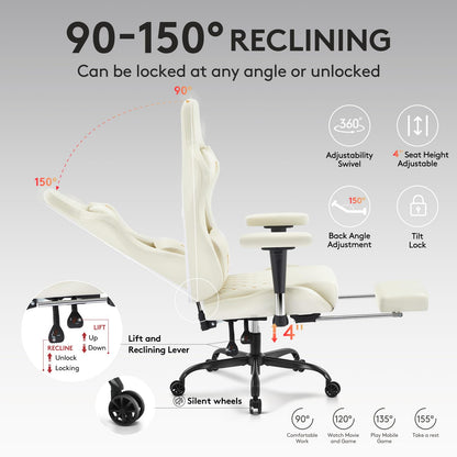 Morkprism Gaming Chair,Computer Office Chair with Footrest,Massage Lumbar Support and Gel Pad,Ergonomic Reclining Leather Gamer Chair with Headrest,Adjustable Armrests and Spring Cushion Ivory