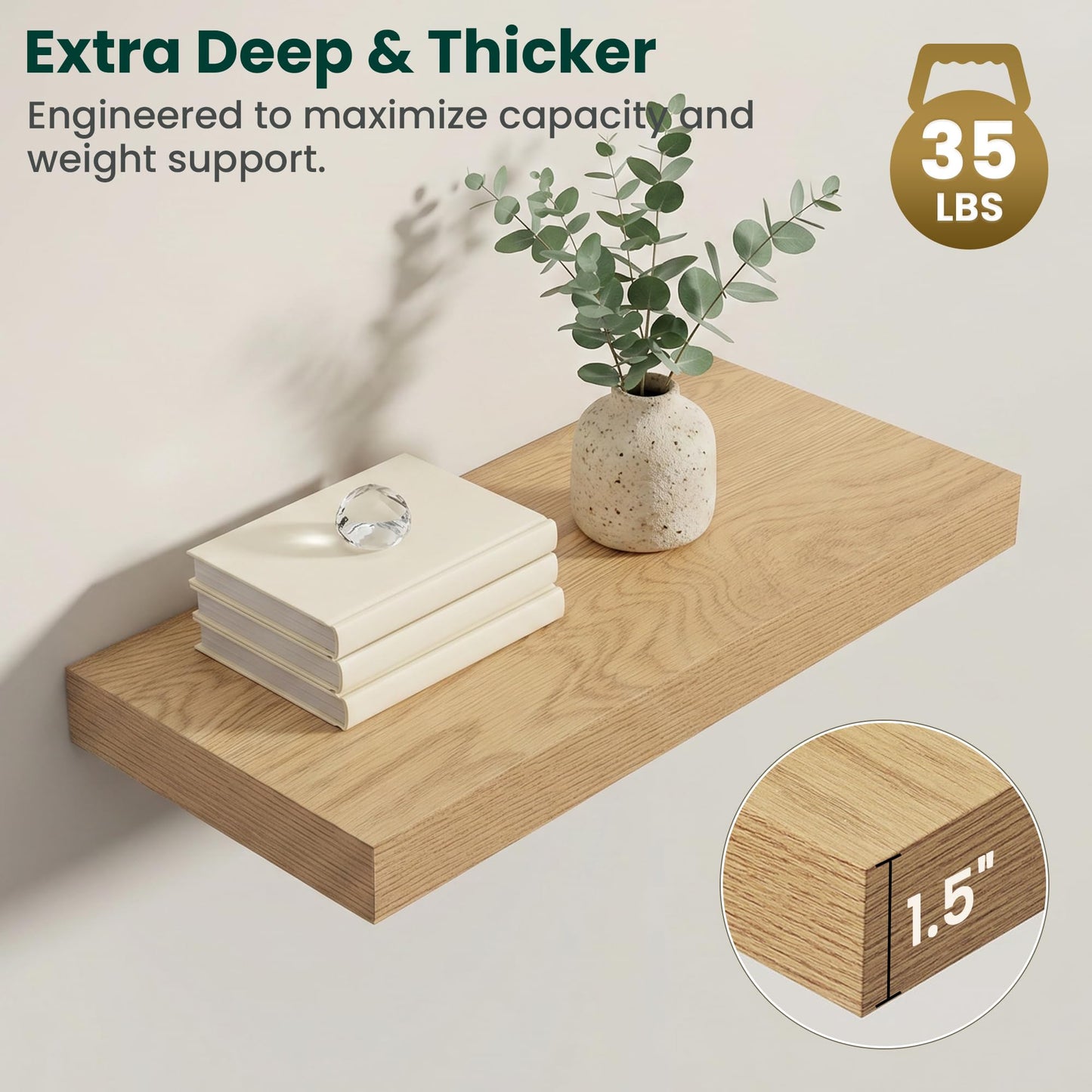 KovaScape Floating Shelves for Wall 24 in x 9.3 in Deep, Wall Mounted Rustic Wood Shelf with Invisible Brackets for Storage & Display, Living Room Bedroom Bathroom, Oak, 2 Pack