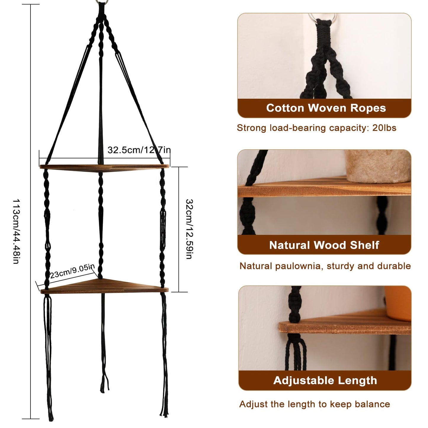 Artilady Macrame Corner Shelf Wall Hanging - 2 Tier Black Corner Floating Shelves Boho Wall Decor, Rustic Wooden Plant Shelf Storage Rack for Bedroom Living Room Bathroom