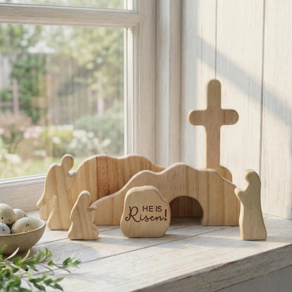 GRECOMEIN He is Risen Wooden Easter Resurrection Scene, Handcrafted Solid Wood Empty Tomb Set with Rolling Stone and Cross, Christian Religious Decor, Catholic Gifts