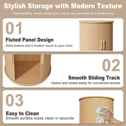 INNOD Side Table with Storage for Living Room, Round End Table with Sliding Tambour Door, Wood Night Stand Nightstand Bedside Table for Bedroom, Small Round Side Table, Mid Century Modern, Light Oak