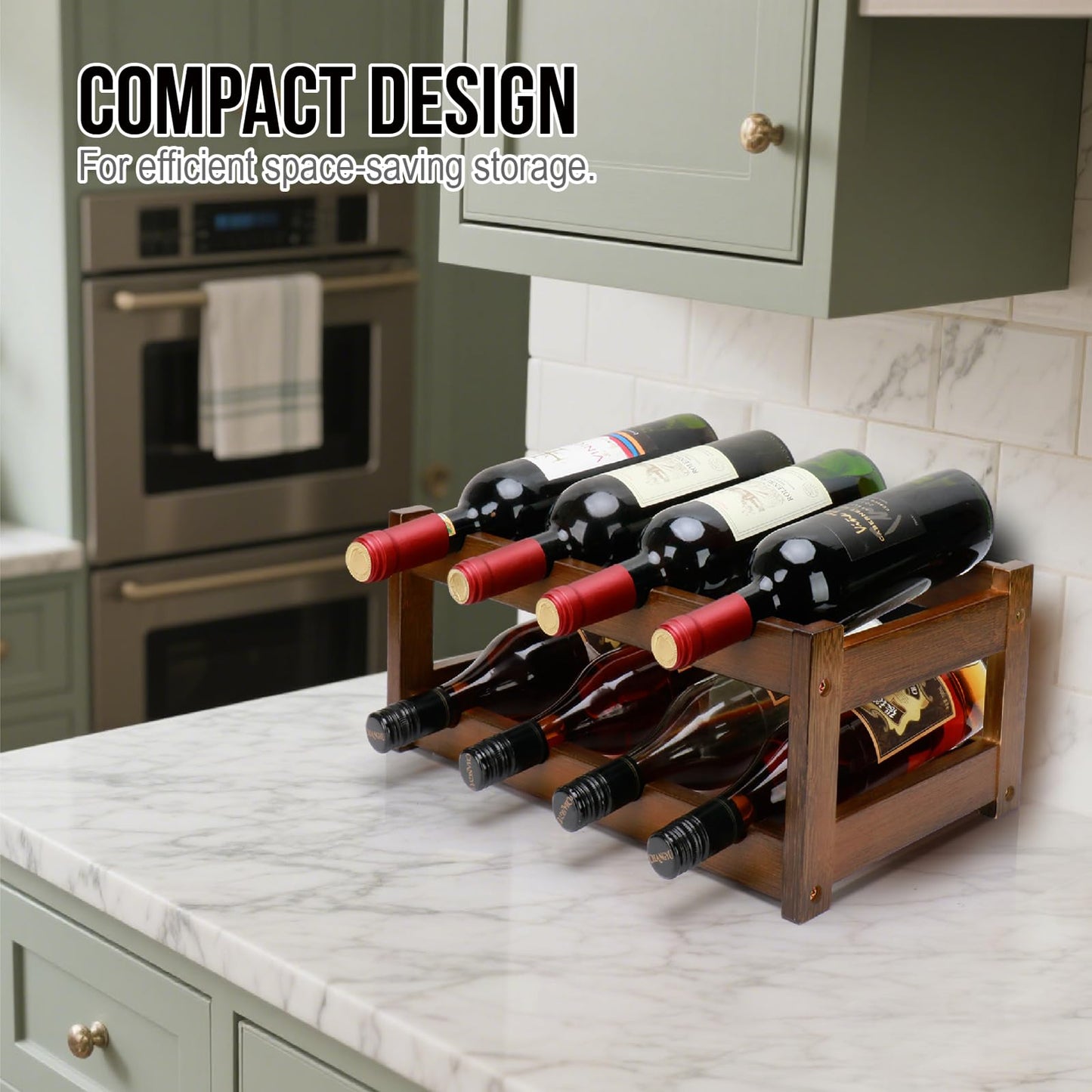 Thalomely Bamboo Wine Rack, 2-Tier 8 Bottles Wine Storage Cabinet Shelf, Easy-Assembly Freestanding Bamboo Wine Racks Countertop for Kitchen Pantry Dining Room Bar, Walnut