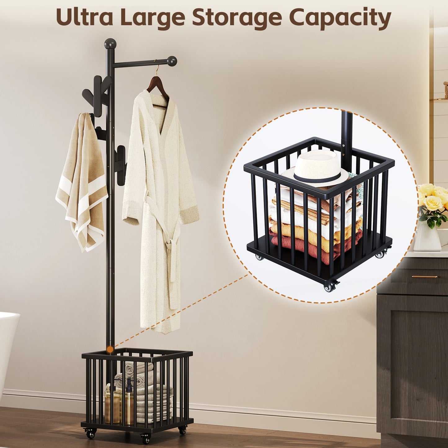 Cactus Freestanding Wooden Coat Rack with Storage Basket,Black Coat Rack with Hooks and Wheels, Space-Saving Entryway Organizer for Hanging Clothes, Bags and Storing Towels, Toys, Bedroom, Living Room