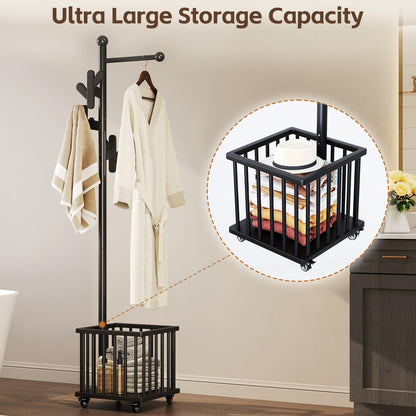 Cactus Freestanding Wooden Coat Rack with Storage Basket,Black Coat Rack with Hooks and Wheels, Space-Saving Entryway Organizer for Hanging Clothes, Bags and Storing Towels, Toys, Bedroom, Living Room