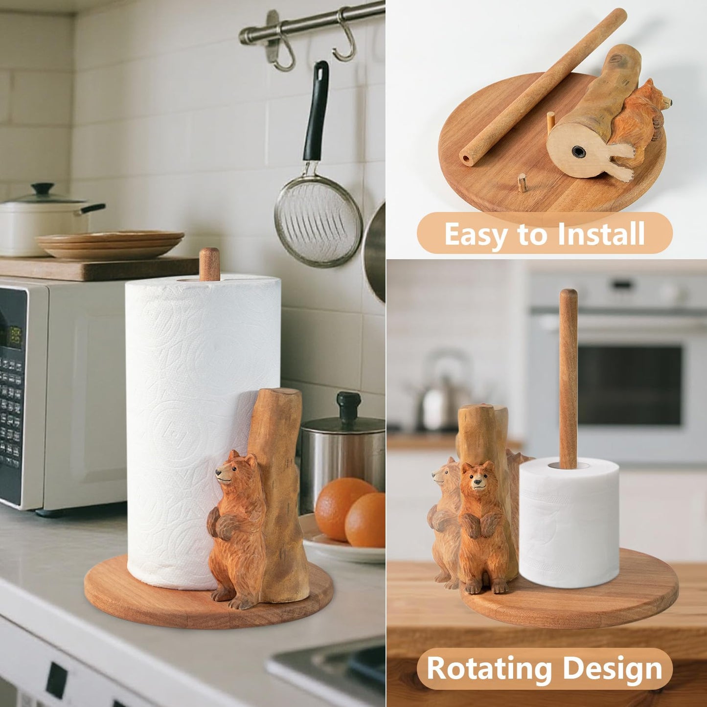 Bear Wooden Paper Towel Holder,9.5" Large Thicken Base Wood Kitchen Tissue Holder, Freestanding Paper Towel Holders, Suitable for Farmhouse, Kitchen Countertop Decorative Paper Towel Holder (Bear)
