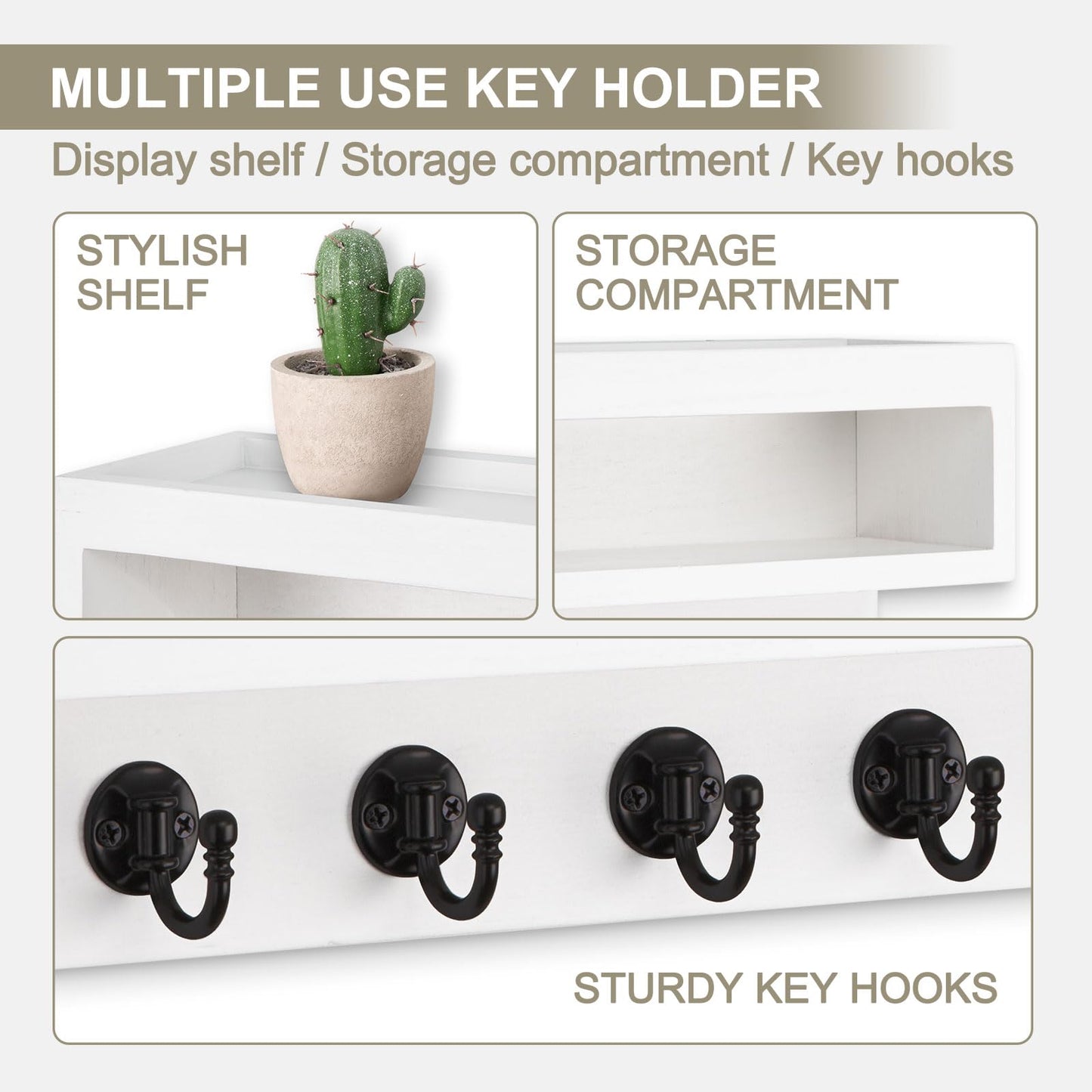 Lucundm Key and Mail Holder Wall Mount, Key Hanger with Long Storage Box and 6 Hooks for Coat, Dog Leash, Home Decor Rack, House Accessories, Entry Way Organizer (White)