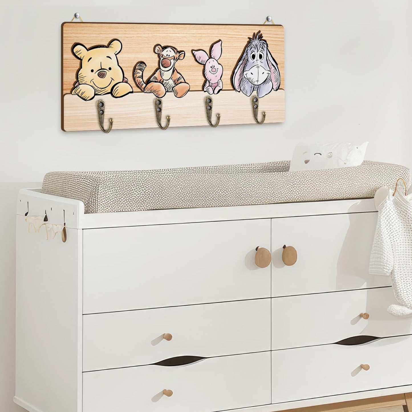 ZsaTuiy Winnie Nursery Bathroom Bedroom Wall Decor, Wooden Hanger Rail with 4 Pegs,The Pooh Tigger Eeyore Wall Hooks, Winnie Nursery Hook Cute Towel Hanger, The Pooh Home Decoration for Kids Room