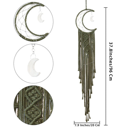 Olive Macrame Moon Dream Catcher, Boho Crescent Phase Woven Wall Hanging with Light, Handmade Unique Bohemian Nursery Decor with Star Ornament Decoration for Home Bedroom, for Girl Kids
