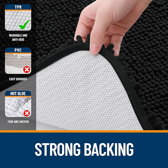 OLANLY Bathroom Runner Rugs 47x20, Extra Soft Absorbent Chenille Bath Rugs, Rubber Backing Quick Dry, Machine Washable Long Bath Mats for Bathroom Floor, Tub and Shower, Home Decor Accessories, Black