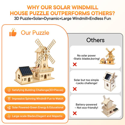 STEM Solar-Powered 3D Wooden Puzzle Kit - DIY Dutch Windmill House Building Toy | Educational Science Craft for Kids 8-15 & Adults | Hands-On Creative Model Project | Adopt Basswood-Safe&Sturdy