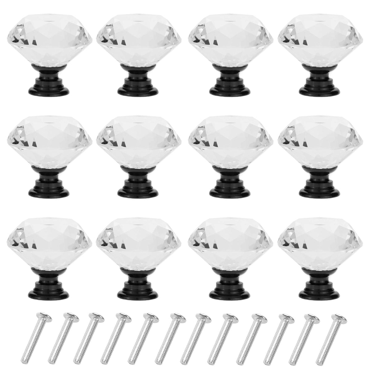 YourGift 12 Pack Drawer Knobs Diamond Shaped Crystal Glass 30mm Cabinet Knobs Pull Handles (Black)