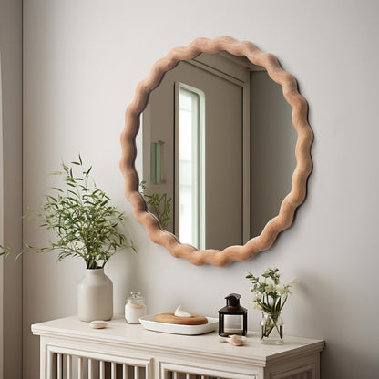 Irregular Wall Mirror,Wood Round Farmhouse Mirror Unique Vanity Mirror,24" Nature Wooden Modern Bathroom Mirror for Washroom Living Room Bedroom