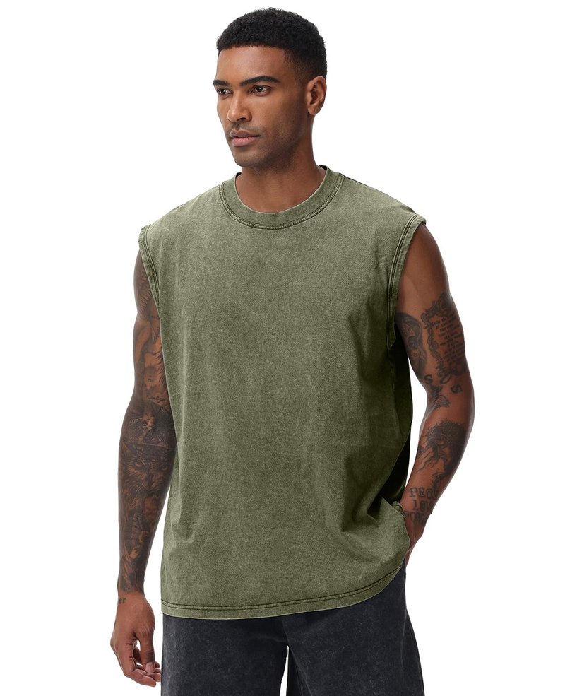 SnowElve 3 Pack Mens Workout Tank Tops Sleeveless Tee Shirts Men Muscle Shirt Gym Acid Wash T Shirts Running Beach Loose Fit Tee(BKAGAC,S)