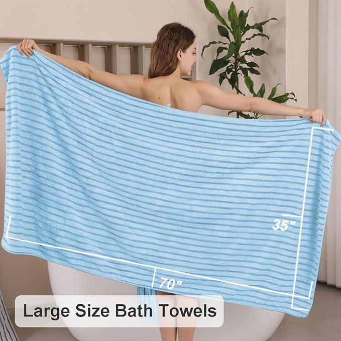 8 Pcs Blue Cabana Stripe Bath Sheet Set Oversized Bath Towel-2 Bathroom Sheets