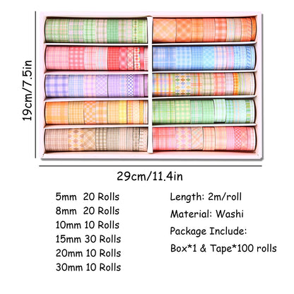 GINCEVHY Lattice Washi Tape Set, 100 Rolls Masking Tape, 5/8/10/15/20/30mm Wide 6.56ft Long/Roll Aesthetic Decorative Tape, Scrapbooking Bullet Journal Supplies, Gifts for Girls Boys