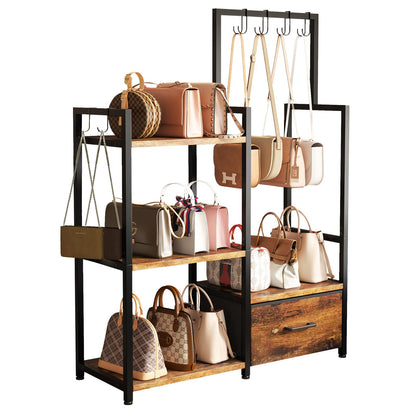 BTaoyutt 3-Tier Ironwood Purse Rack – Large Drawer & 6 Hooks for Handbag Storage ，Purse Display Shelf& Bag Organizer for Various Bags(Rustic Brown)