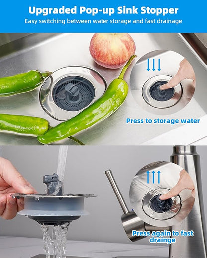 Hibbent 3 in 1 Kitchen Sink Drain Strainer and Stopper Combo, Chrome Stainless