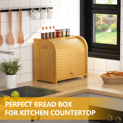 Bambition Bamboo Bread Box for Kitchen Countertop, Roll Top Bread Box for Homemade Bread, Double Layer Bread Storage Container