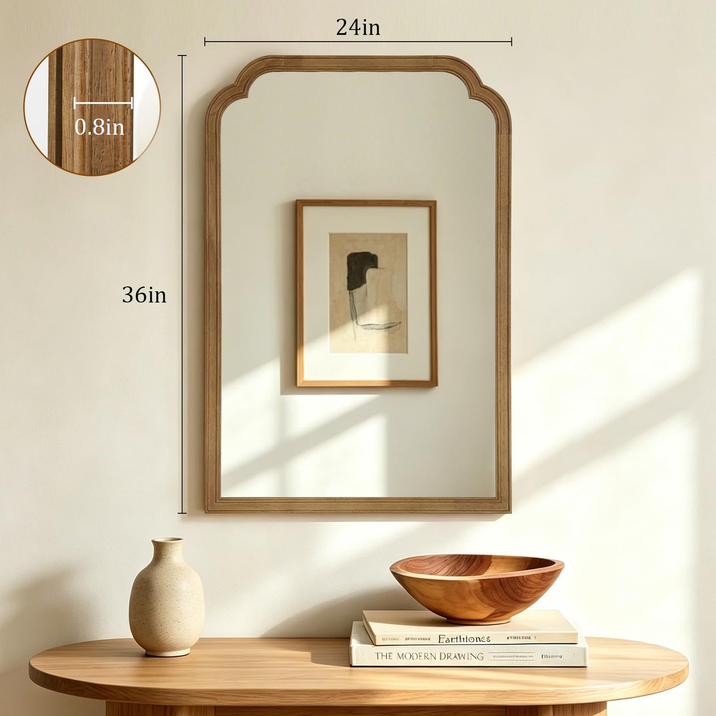 HOMECOOKIN Wood Bathroom Mirrors for Wall Mounted, Rustic Solid Wood Frame Wall Mirrors Decorative for Living Room, Entryway, Bedroom Vanity, Arch Scalloped Farmhouse Mirror(24" x 36",Natural)