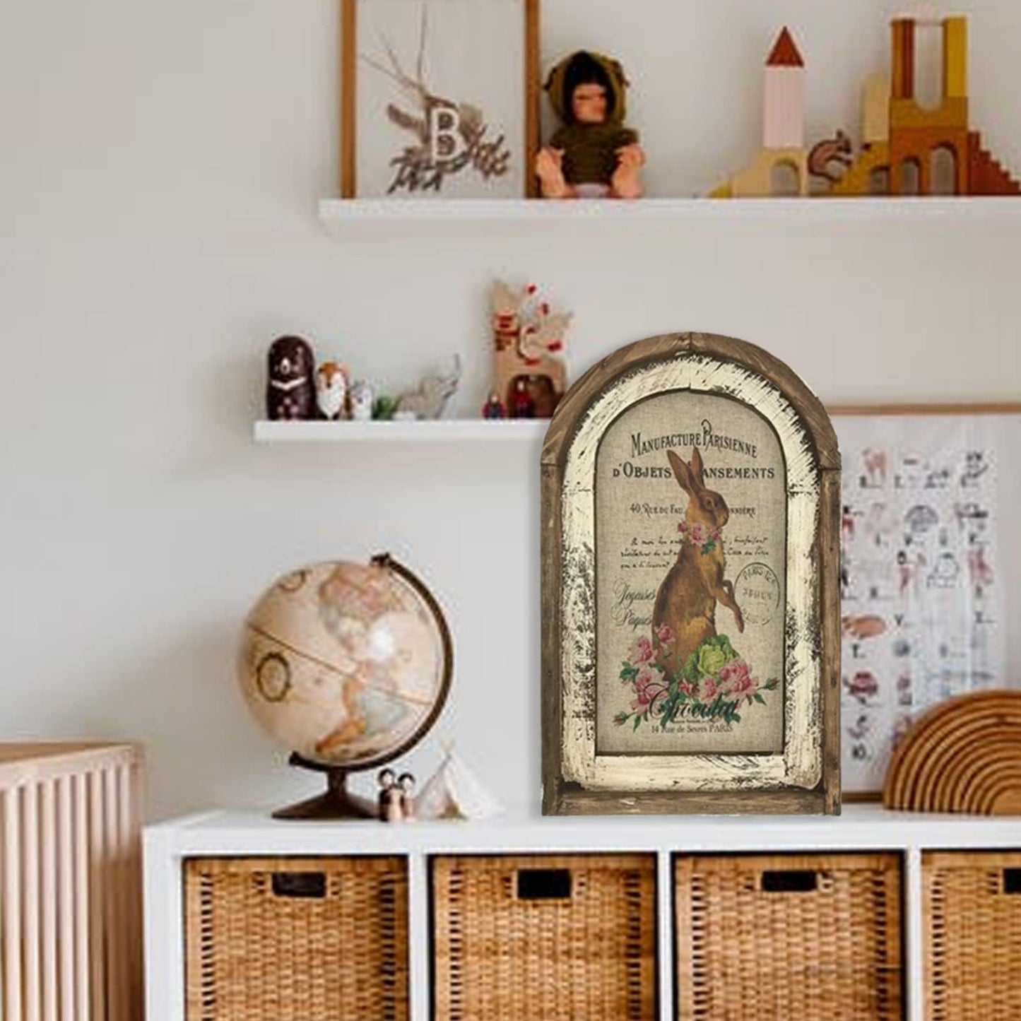 Smaroll Large Rustic Easter Decorations Rabbit Painting with Wooden Arched Frame Farmhouse Decoration Hanging Plaque Bunny Photo Sign Pediments,11 x 16.6 inch