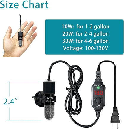 Mini Submersible Aquarium Heater, 10/20/25/50/100/150 Watts Adjustable Fish Tank Heater, Built-in Thermometer, External Temperature Controller, Smart Memory, Used for 1-60 Gallons (10W Plug)