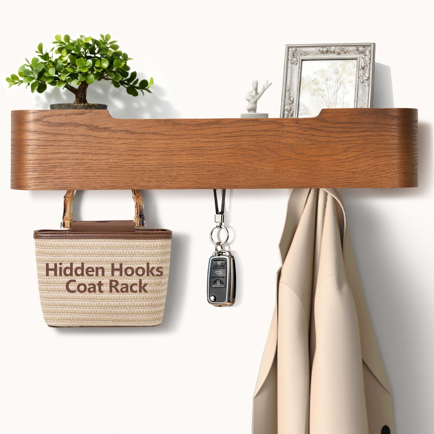 Jadoxy Coat Rack Wall Mount with Hidden Hooks Modern Key Holder Wood Entryway Hook with Shelf for Bedroom Kitchen Hallway Bathroom Designed for Hanging Coats Hats Bags Towel Dog Leashe(Walnut,5 Hooks)