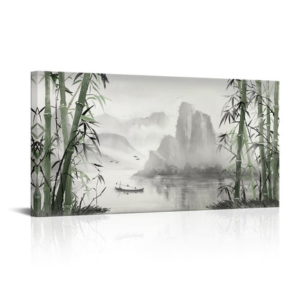 Biuteawal Black and White Nature Landscape Wall Art Green Bamboo Picture Canvas Artwork Chinese Style Shanshui Painting Home Office Decor Framed