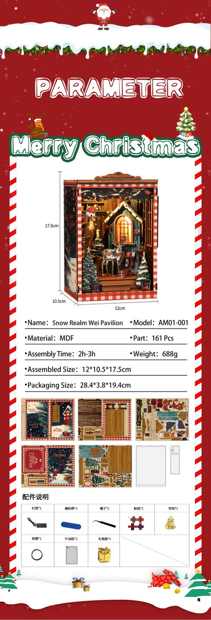 NEXTIPS DIY Mini Book Nook Kit, Snow Realm Wei Pavilion 3D Wooden Puzzle with LED Lights, Christmas Themed Bookshelf Decor, 161 Pcs Adult Craft Model for Home & Gift