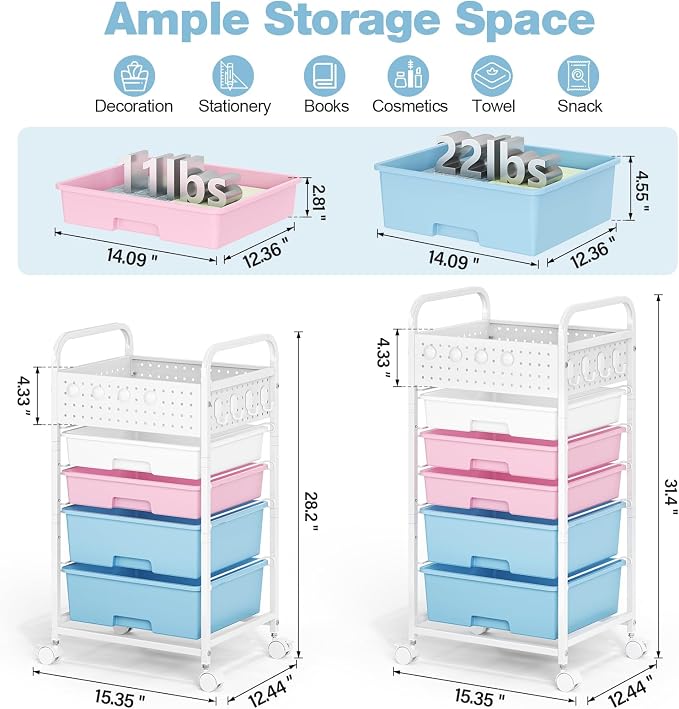 4 Drawer Rolling Storage Cart with Pegboard Top and Hooks, Mobile Organizer Cart with Wheels for Office Supplies, Craft Storage, Classroom Organization, Home Utility Cart, Pink&Blue