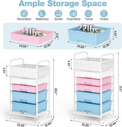 5 Drawer Rolling Storage Cart with Pegboard Top and Hooks, Mobile Organizer Cart with Wheels for Office Supplies, Craft Storage, Classroom Organization, Home Utility Cart, Pink&Blue