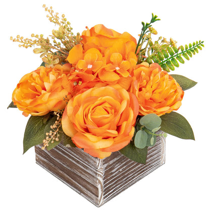 DILATATA Artificial Flower Arrangement, 8'' Orange Roses Peonies Hydrangeas in Wooden Planter, Rustic Fake Flowers in Pot for Home Decor Living Room - 1PC
