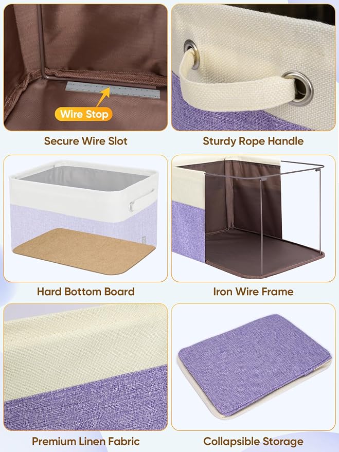 BALEINE 4 Pack Fabric Closet Storage Bins for Shelves, Linen Closet Organizers and Storage, Decorative Baskets for Organizing, Shelf, Clothes, Home, Office (Lavender, 12"x8"x8")