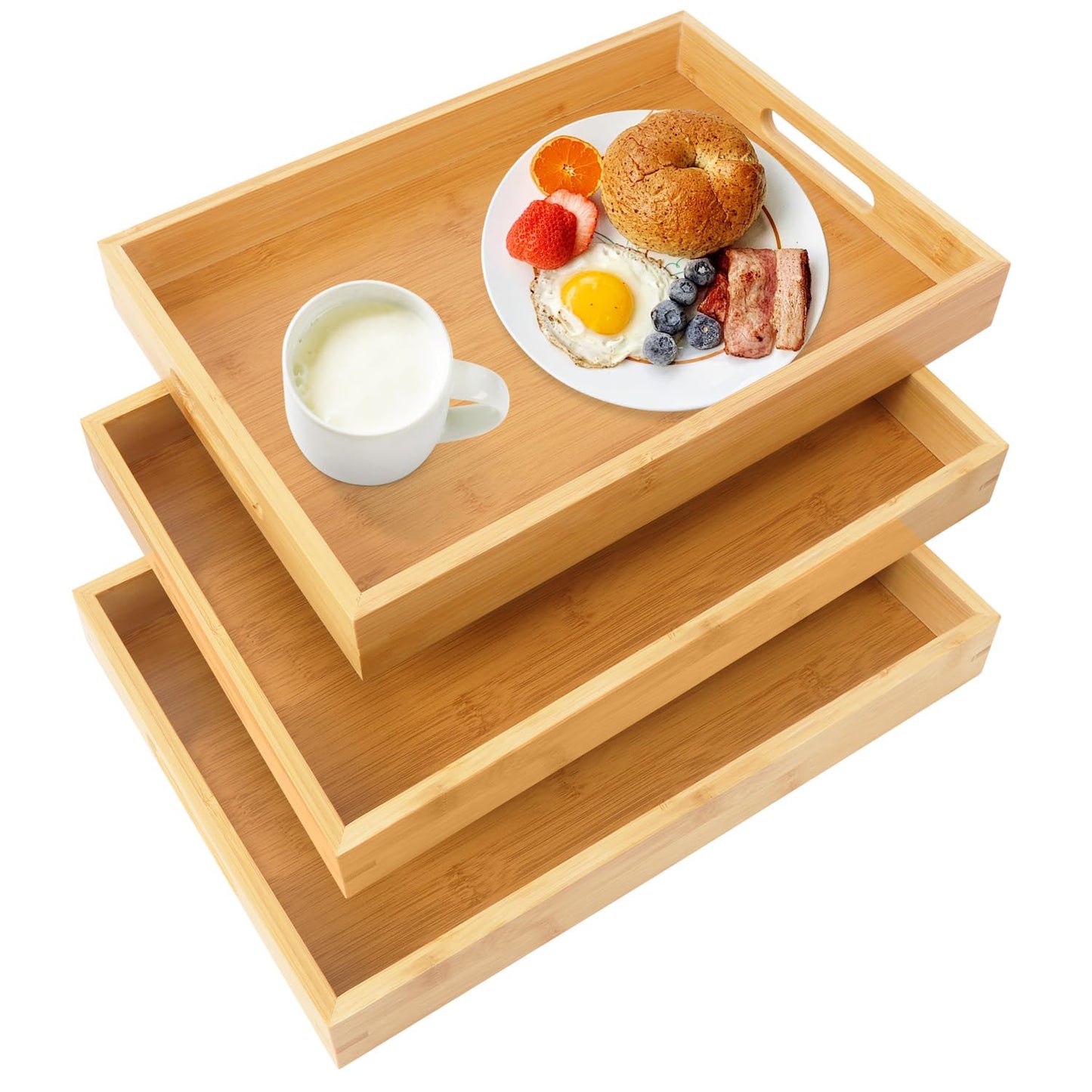 Geytetqi 3 Pack Large Bamboo Serving Tray with Handles, 14 x 10 inch Wooden Dinner Tray, Home Kitchen Breakfast Trays for Living Room Bedroom Kitchen Dinner Table, Picnic