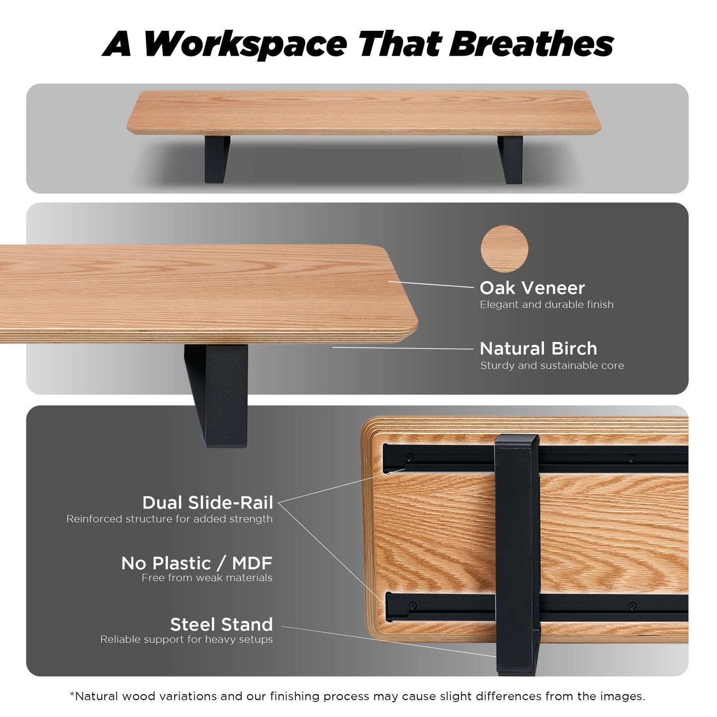 ULTRARM Moodular Wooden Monitor Stand 33.4” (85cm) Desk Organizer with Metal Slide Rails for Drawer, Tray, Laptop, Tablet, Phone & Headphones Customizable Riser for Organized Workspace Oak MS85-O