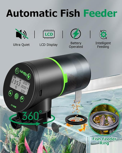 Automatic Fish Feeder for Aquarium, Auto Fish Food Dispenser with Timer and Feeding Ring, Moisture-Proof, Smart Fish Tank Vacation Feeder with 2 AAA Batteries