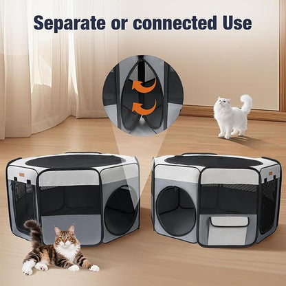 Lekereise 2-in-1 Large Cat Playpen, 65" * 19.7"in Portable Pet Playpen, Dog Playpen Indoor Outdoor for Cats, Puppies, Detachable into 2 Separate Playpens, with a Carry Bag