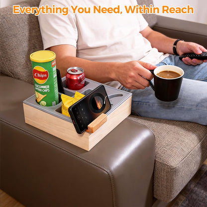 ThinRinRin Wooden Couch Cup Holder Tray with Phone Holder and Couch Caddy