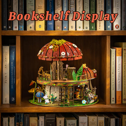 Garden Mushroom Dollhouse Book Nook Kit, DIY Miniature Wooden 3D Puzzle Dollhouse, Fantasy Bookshelf Decor Craft Building Set, Home Shelf Decoration for Adults & Teens, with String Lights Edition