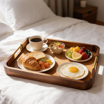 Wooden Serving Tray with Handle 16.7″ Acacia Wooden Tray for Ottoman Rectangle Ottoman Table Tray Serving Tray for Ottoman Decorative Tray for Dinner Breakfast Entertaining Guests