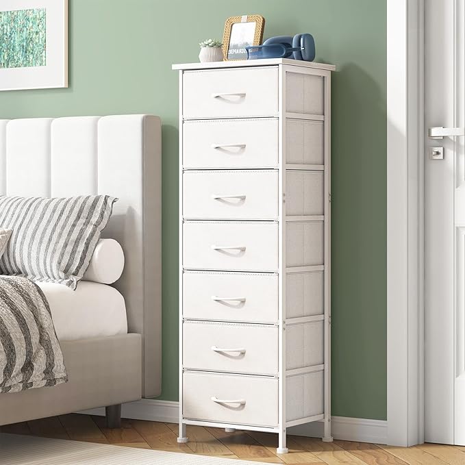 Fixwal Tall Narrow White Dresser for Bedroom, Storage Dresser Organizer in Closet with 7 Fabric Drawers, Nightstand for Dorm